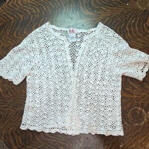 Vintage R&K Women's 1X White Crochet Cardigan Open Front Scalloped Bohemian